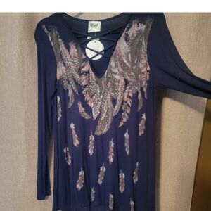 New VOCAL Womens Crystal Jeweled Black Feather Criss-cross Neck Small Top Shirt